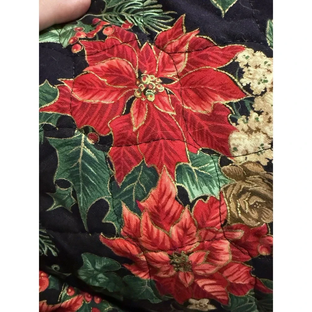 Vintage Reversible Quilted Christmas Table Topper Poinsettia Lace 45